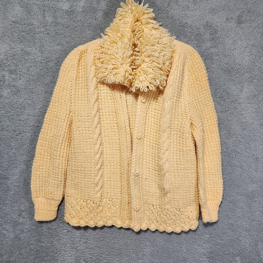 Crochet Yellow Button Up Chunky Cardigan‎ Lion Mane Collar Size Medium / Large